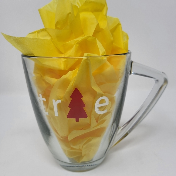 2 Glass Coffee Cups Mugs 16 oz. triangle handle glass Christmas Tree See Thru - Picture 4 of 11
